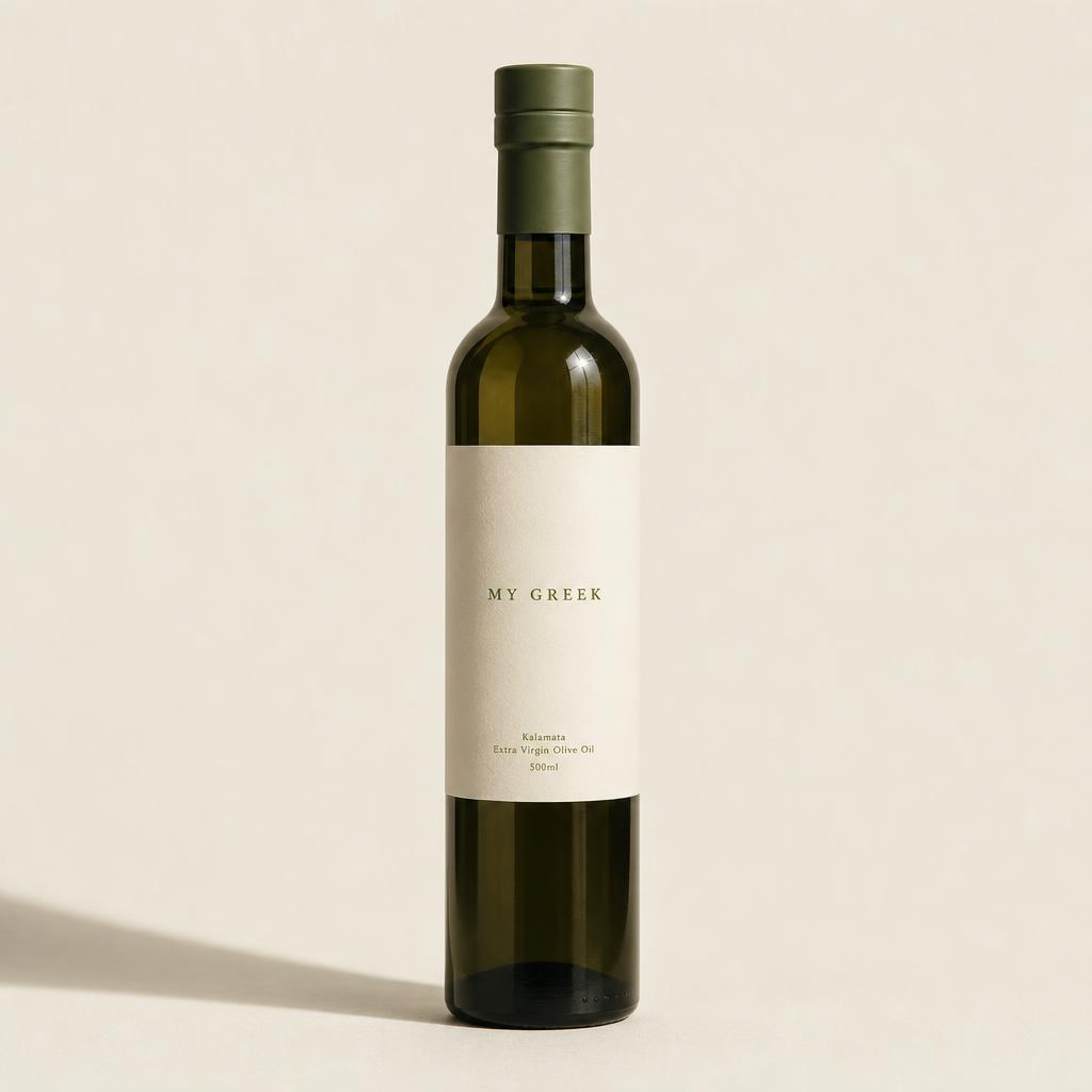 Bottle of Kalamata extra virgin olive oil with the MY GREEK label facing the camera