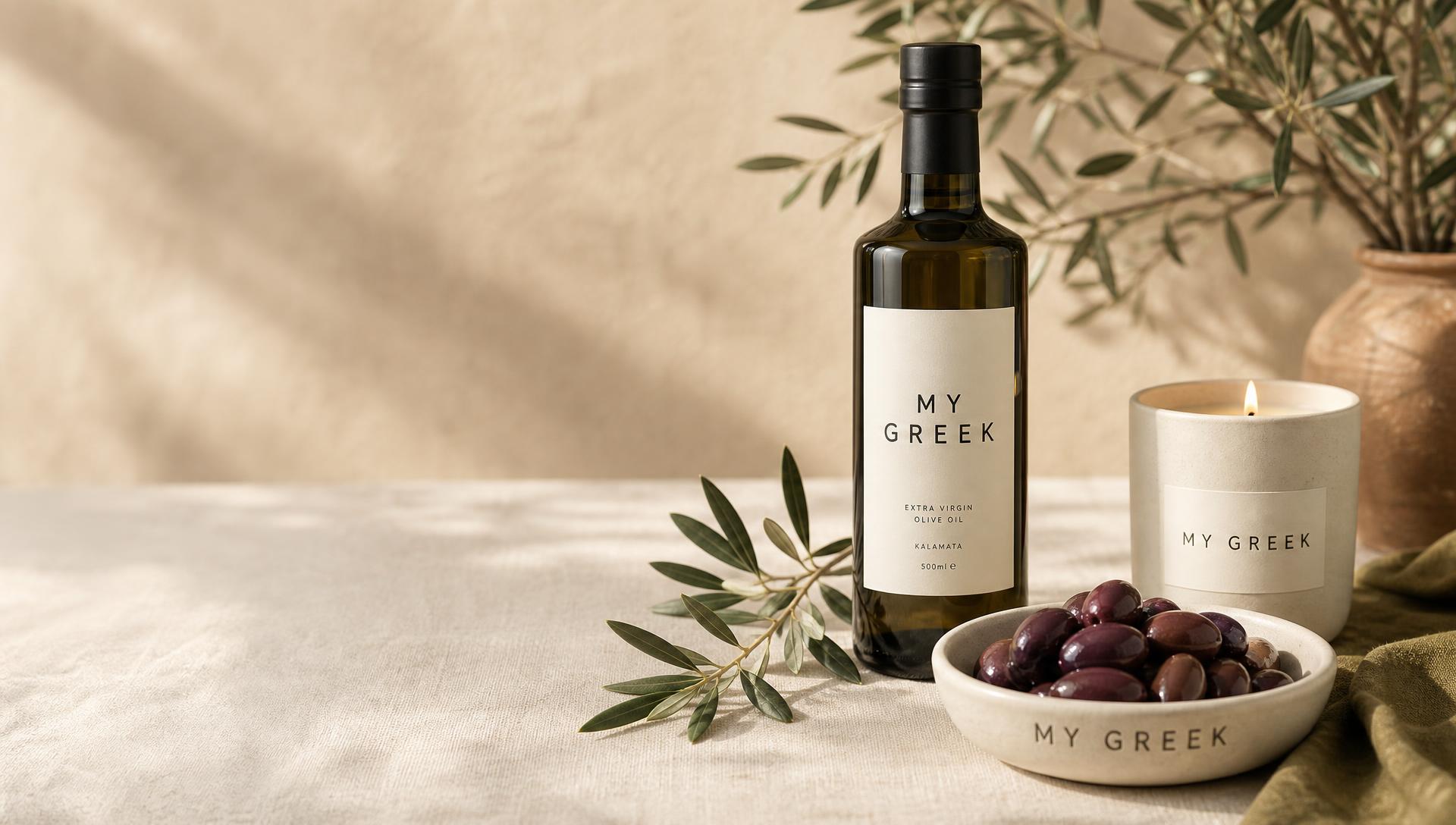 MY GREEK olive oil, candle and stoneware bowl of olives on a linen table